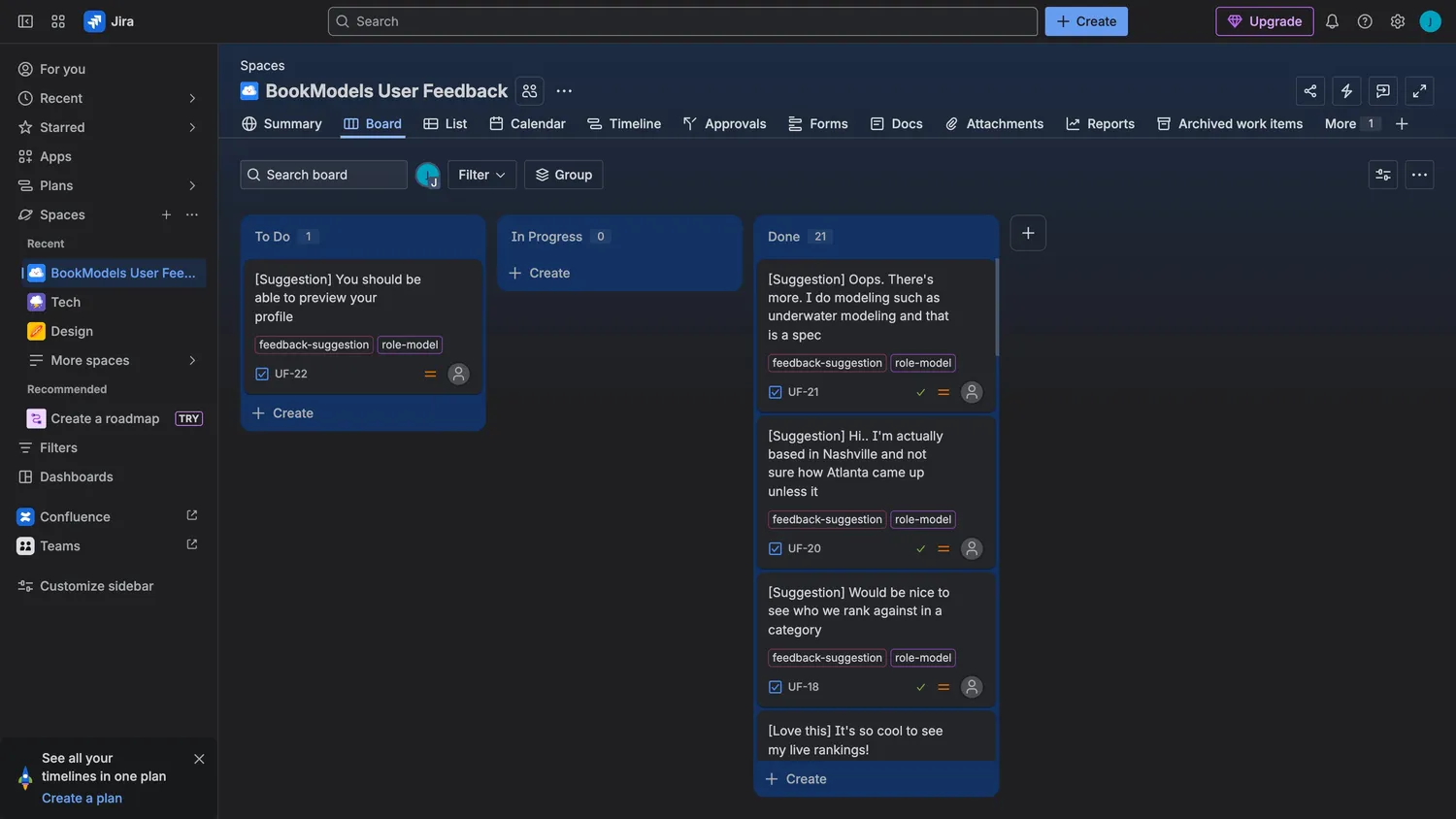 The dev team Jira board titled BookModels User Feedback, with user suggestions as tagged work items across To Do, In Progress, and Done