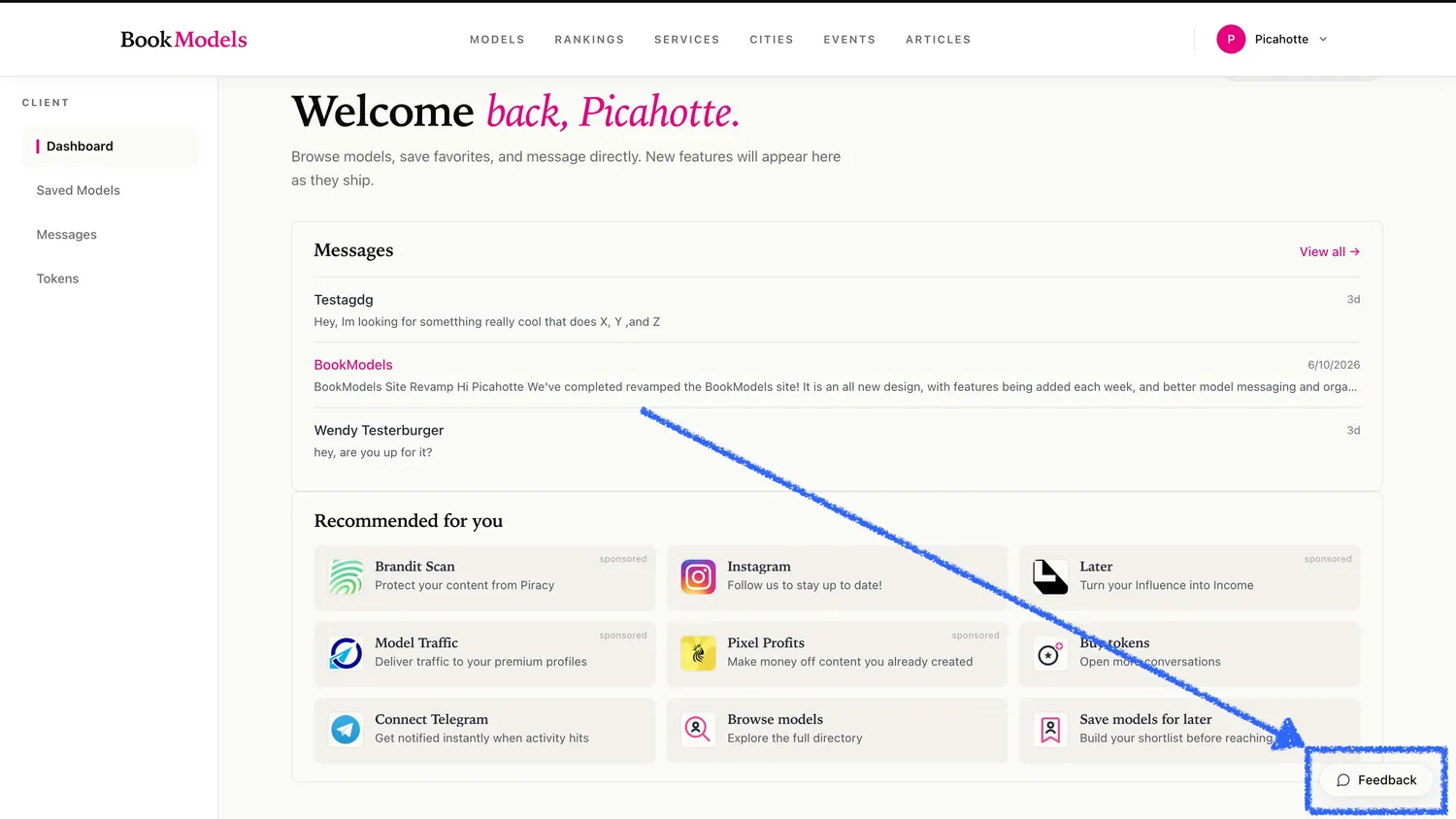 BookModels client dashboard with the Feedback widget in the bottom right corner