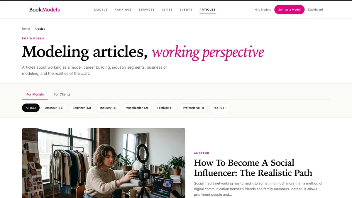 New BookModels articles page reading Modeling articles, working perspective