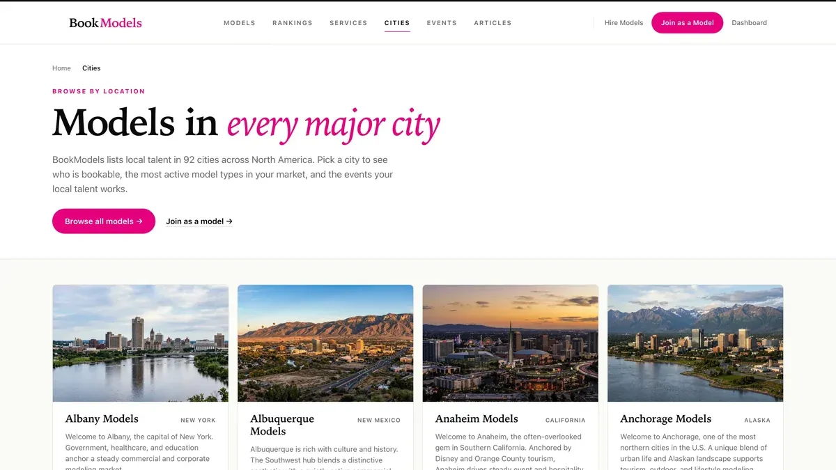 New BookModels cities page reading Models in every major city, 92 cities