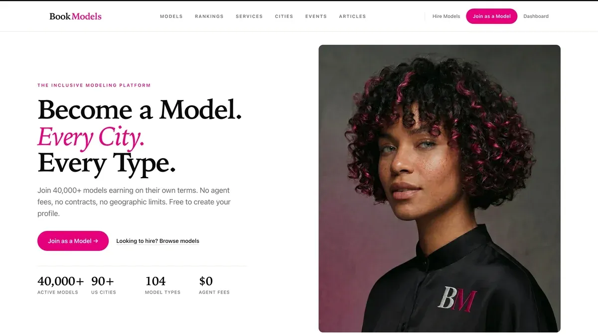 New BookModels home page, editorial layout reading Become a Model, Every City, Every Type