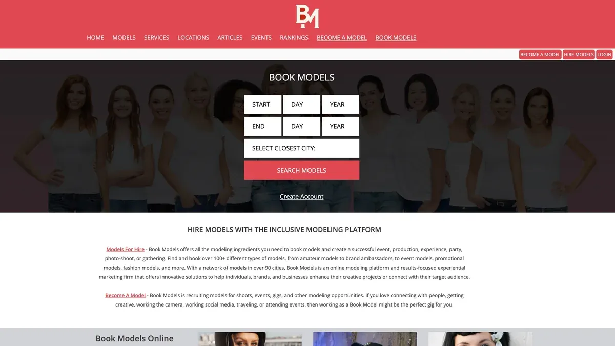 Old BookModels home page, red banner with a date picker over a faded photo