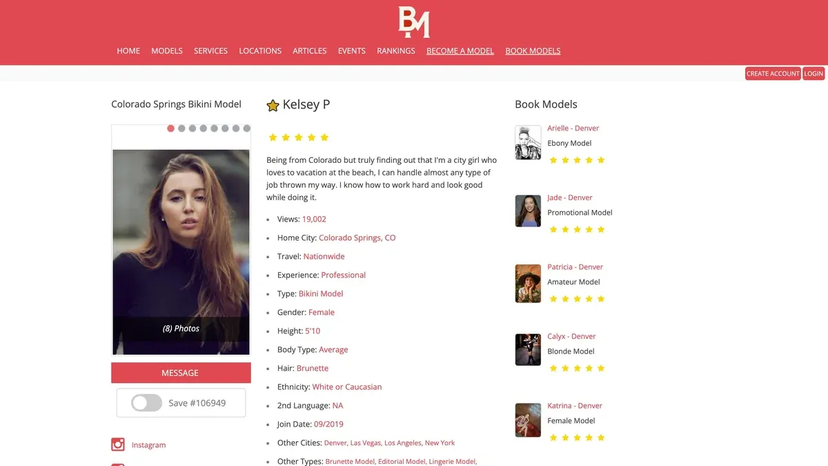 Old BookModels model profile page