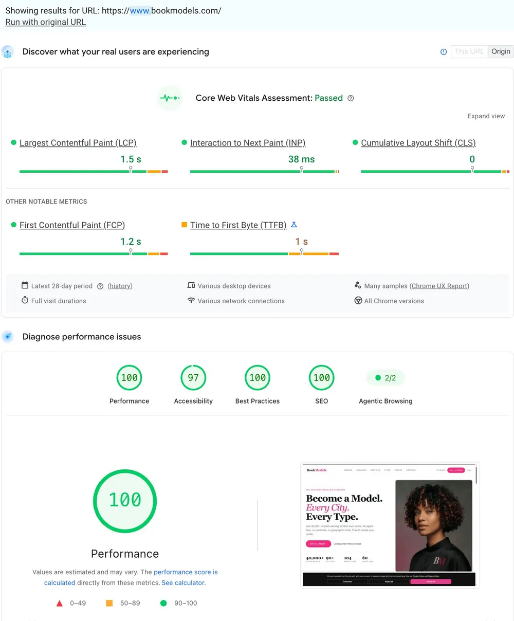 PageSpeed Insights desktop, Core Web Vitals passed, Performance 100, SEO 100